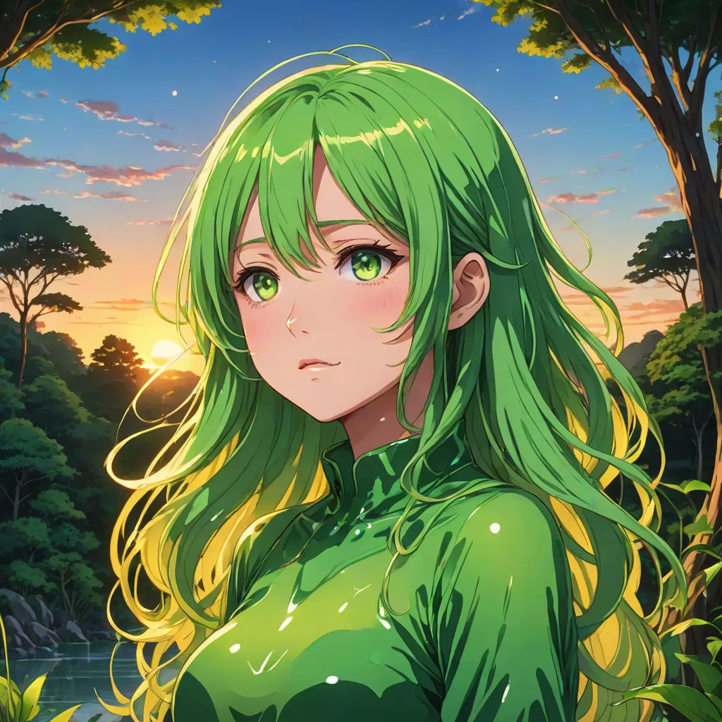 a girl with green hair and green eyes standing in front of a sunset and trees with a river in the background, official art, cloisonnism, a character portrait, Aya Goda