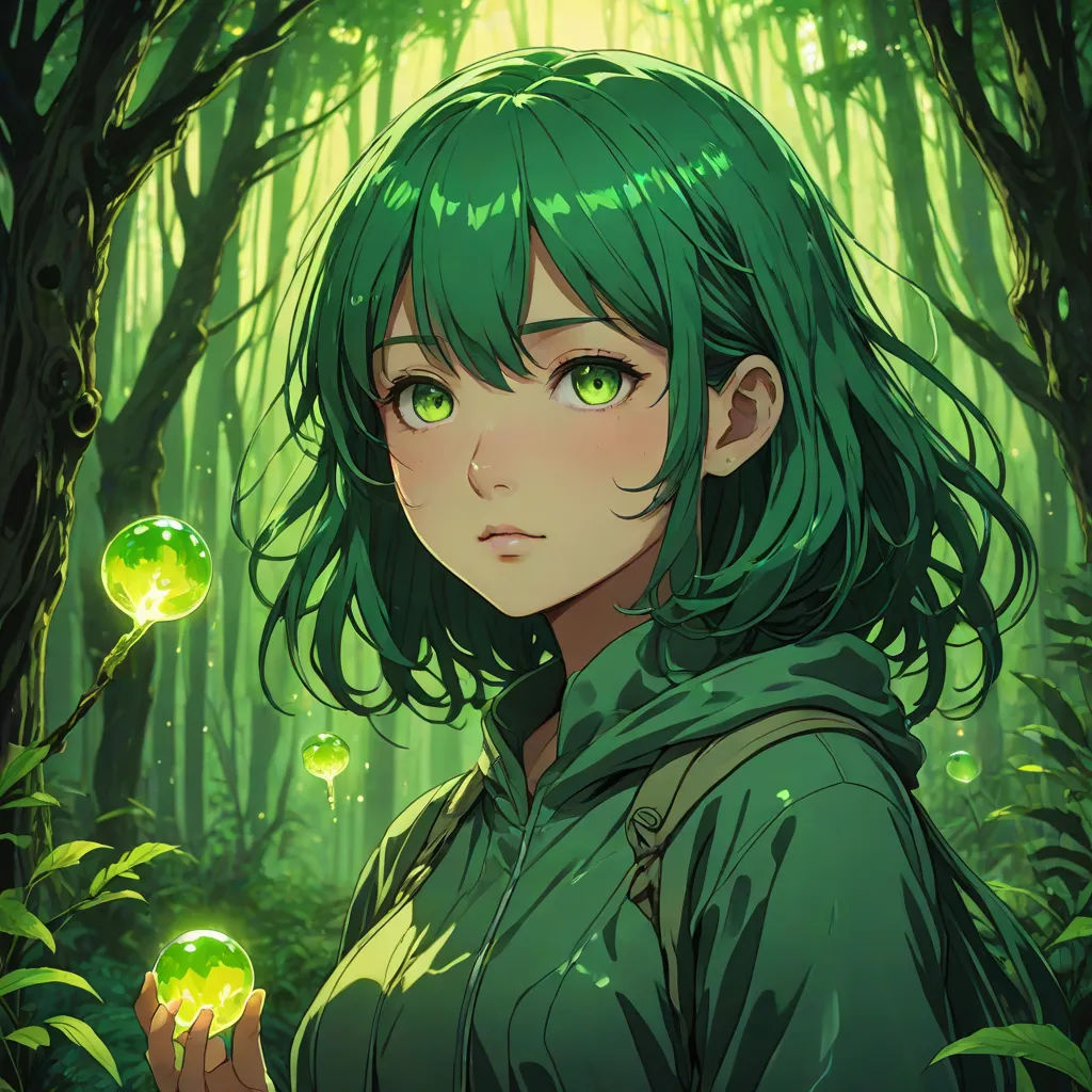 a girl with green hair and green eyes in a forest with green bubbles in her hands, looking at the camera, forest, fantasy art, a detailed painting, Ai-Mitsu