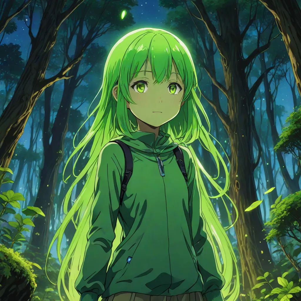 a girl with green hair standing in a forest with trees and grass in the background, looking at the camera, forest, rayonism, a character portrait, Chizuko Yoshida
