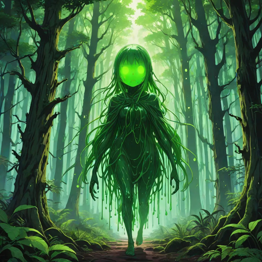 a green alien standing in a forest with trees and grass around it's head and eyes glowing green, magic the gathering artwork, altermodern, concept art, Anato Finnstark