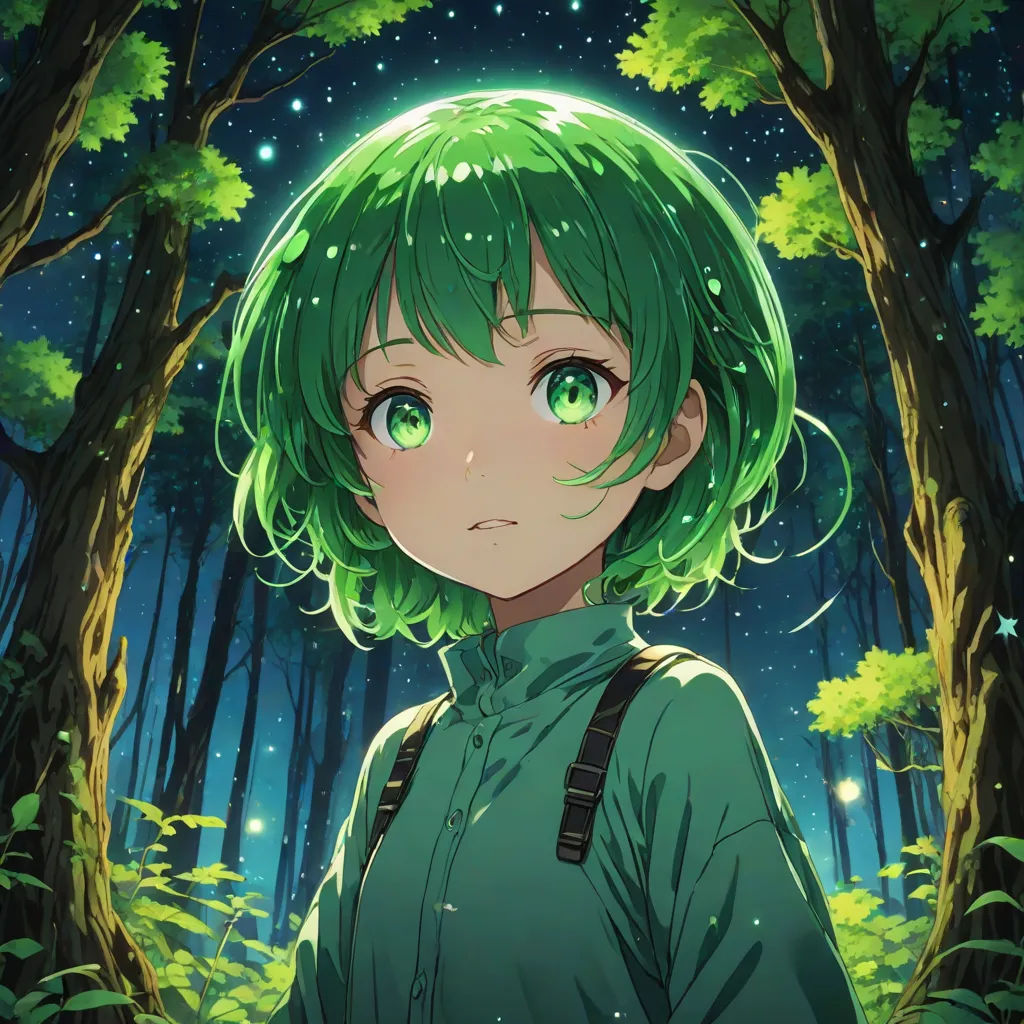 a girl with green hair and green eyes standing in the woods at night with stars and trees in the background, forest, neo-romanticism, a painting, Aya Goda
