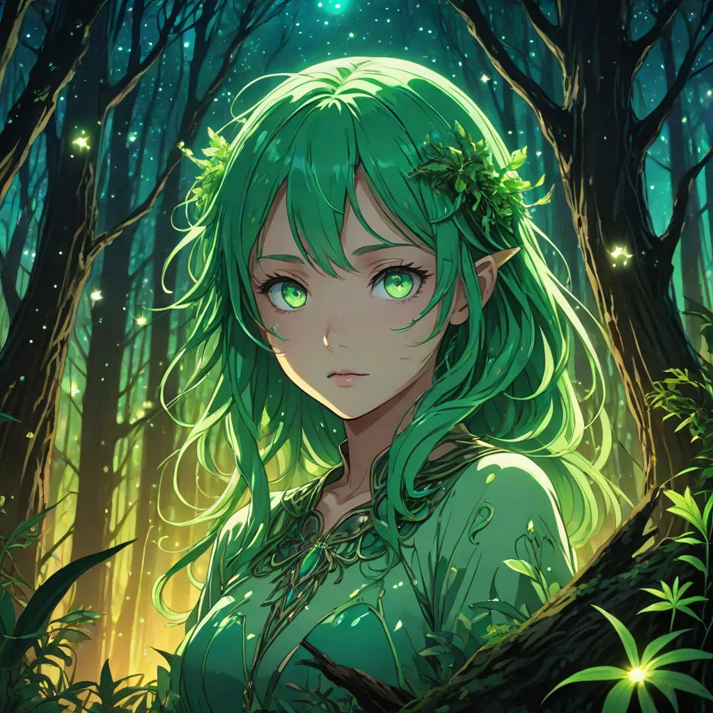 a girl with green hair and green eyes in a forest with trees and stars in the background, with a green dress, forest, fantasy art, a detailed painting, Aya Goda