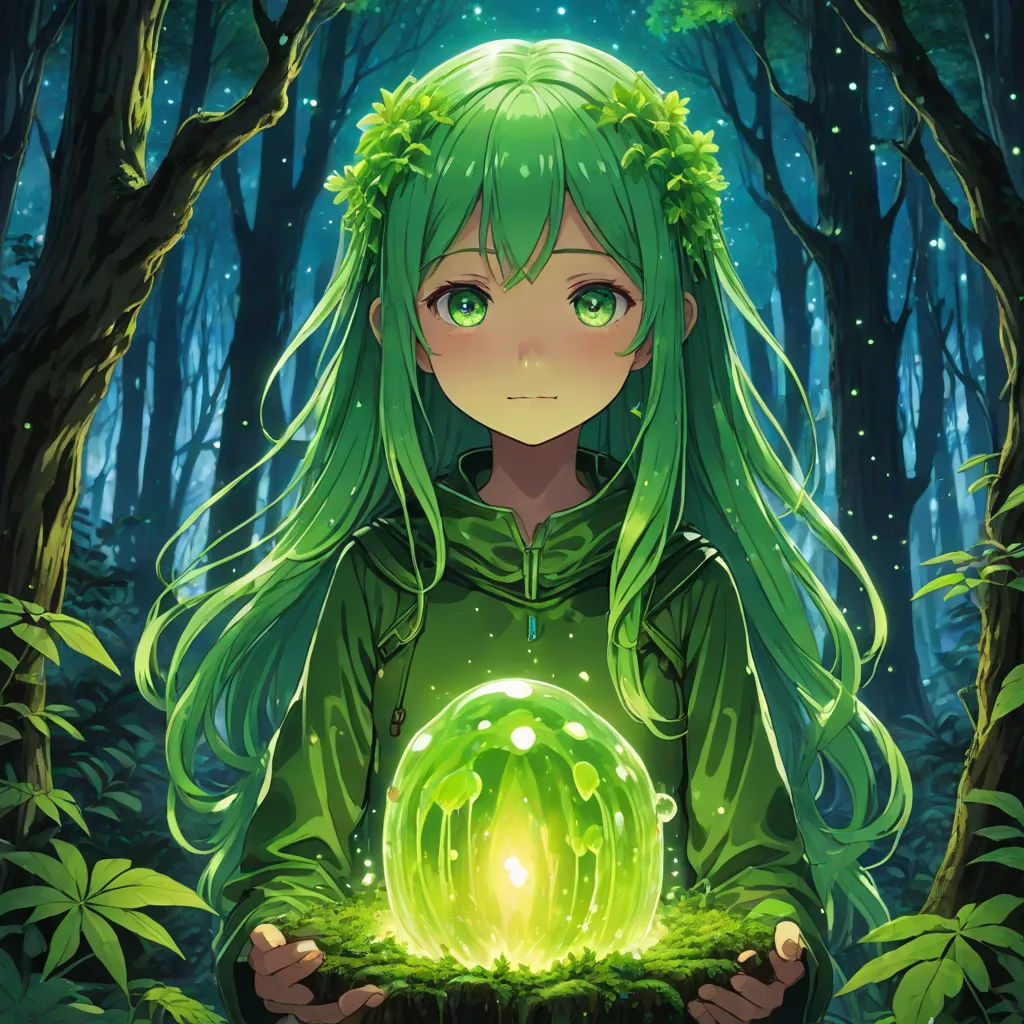 a girl holding a green ball in a forest with trees and leaves around her, with a glowing orb in her hands, green, fantasy art, a painting, Art Green