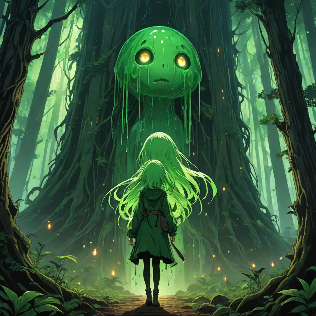 a girl standing in a forest with a giant mushroom head above her head and glowing eyes above her head, 2 d game art, fantasy art, poster art, Anato Finnstark