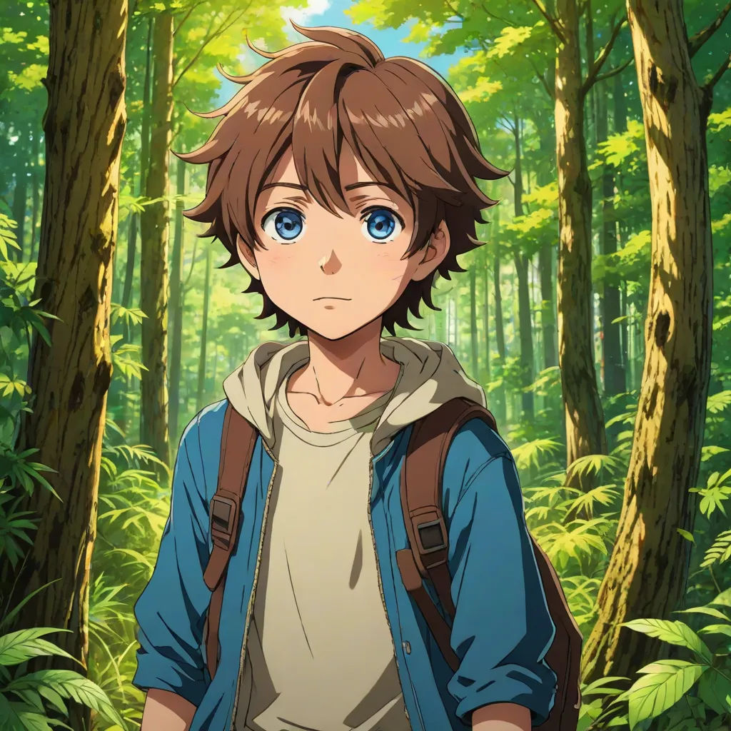 a boy in a forest with blue eyes and a backpack on his back, looking at the camera with a serious look on his face, official art, rayonism, a character portrait, Cedric Seaut (Keos Masons)