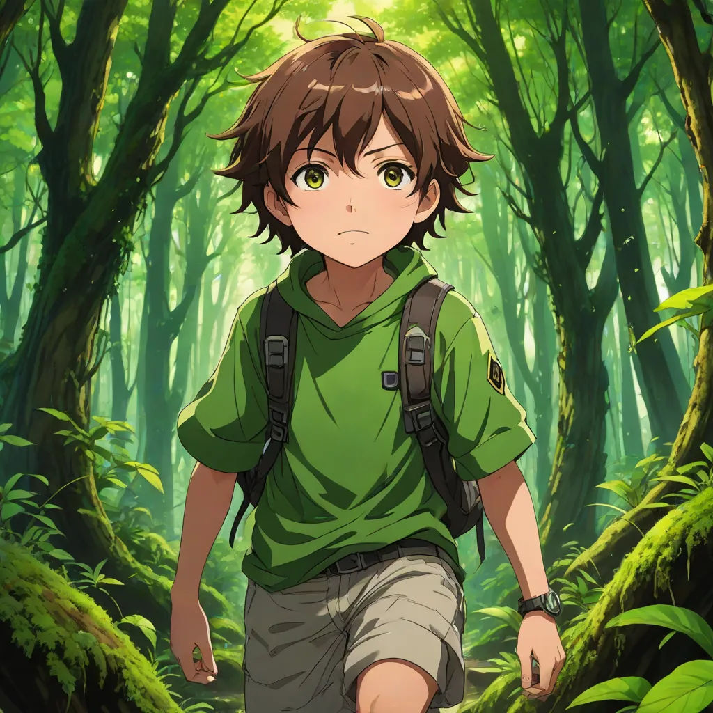 a boy in a green shirt and shorts walking through a forest with trees and ferns on the ground and a backpack on his back, anime key visual, rayonism, concept art, Eizan Kikukawa