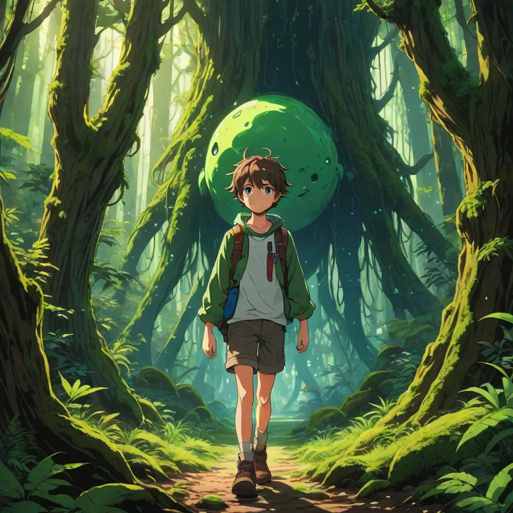 a boy walking through a forest with a green ball in the background of the scene, and a green mushroom on the ground, anime key visual, magic realism, poster art, Eizan Kikukawa