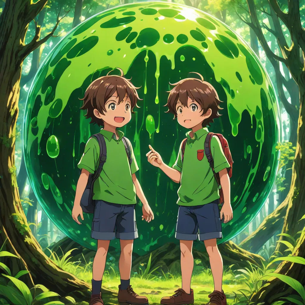 two young boys standing in front of a green planet with trees and grass on it, with a green background, official art, environmental art, concept art, Ai-Mitsu