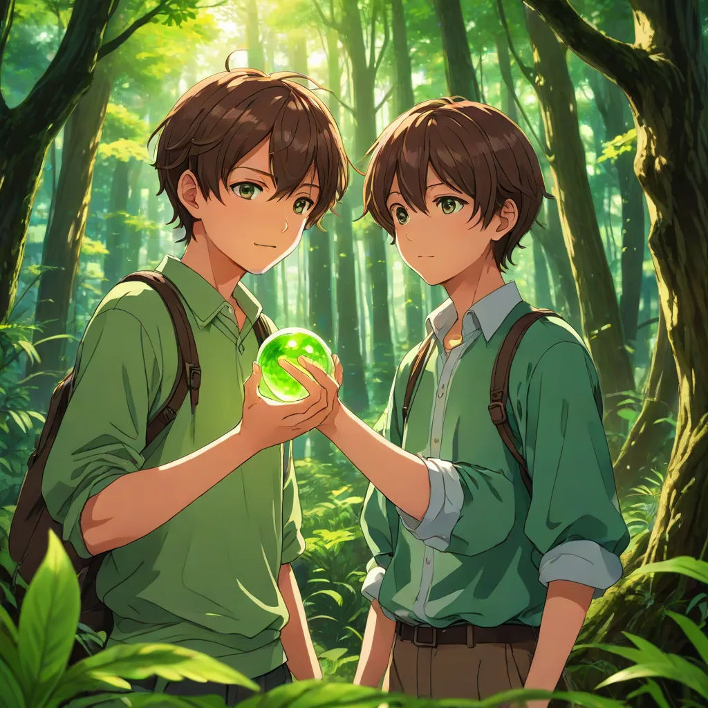 two people standing in a forest holding a green object in their hands and looking at it with a smile, official art, environmental art, a hologram, Ai-Mitsu