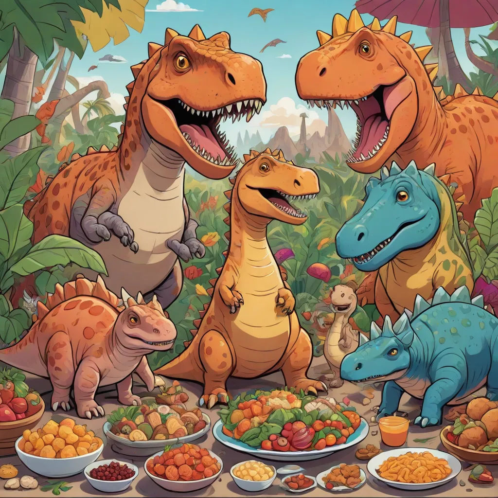 a group of dinosaurs eating food in a jungle setting with a dinosaur theme in the background and a dinosaur eating food on a plate, a storybook illustration, Adam Rex, lyco art, official art