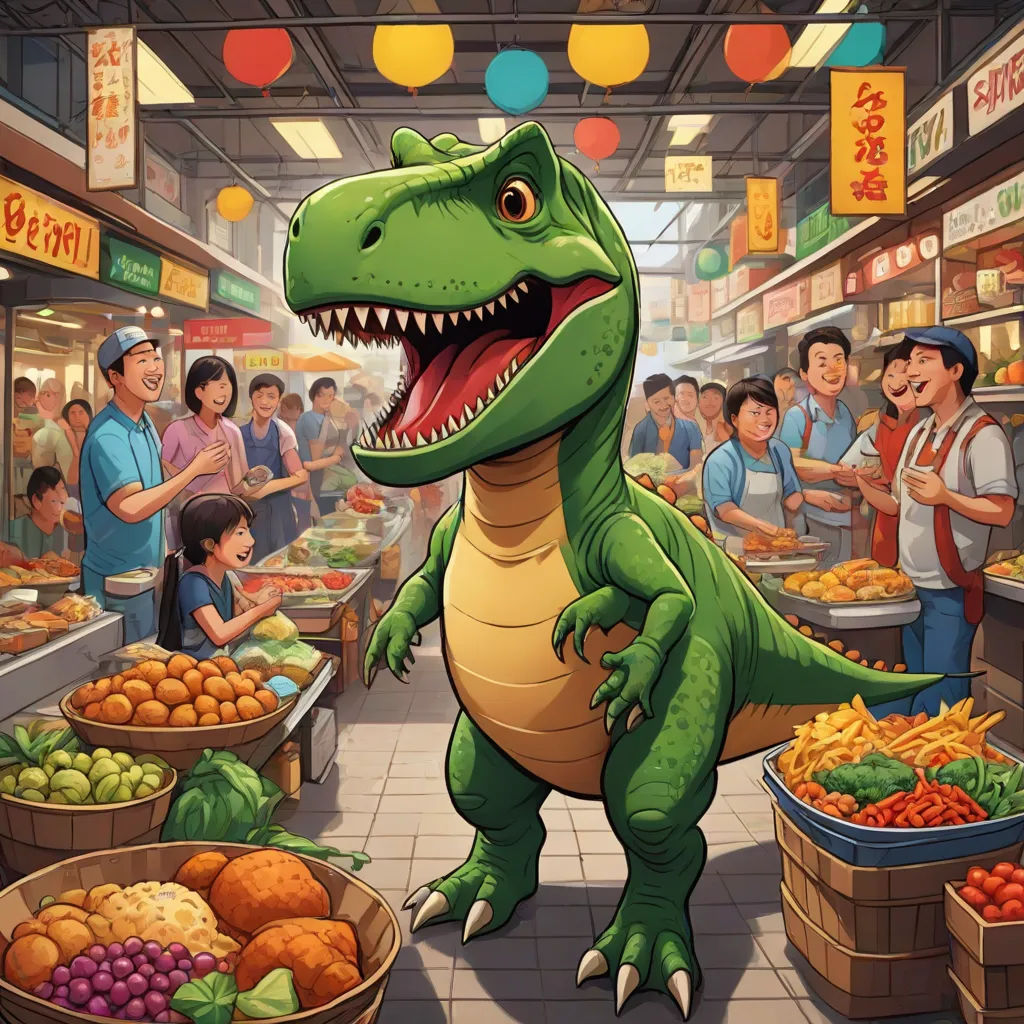 a dinosaur is standing in a grocery store with a lot of people around it and a large group of people standing around, a storybook illustration, Adam Rex, lyco art, rossdraws global illumination