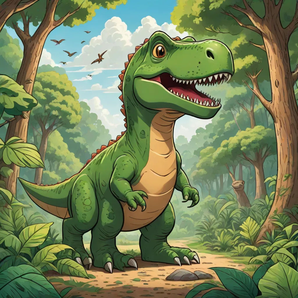 a cartoon dinosaur in the jungle with trees and birds in the background illustration by alex krautman, a storybook illustration, Adam Rex, altermodern, magic the gathering artwork