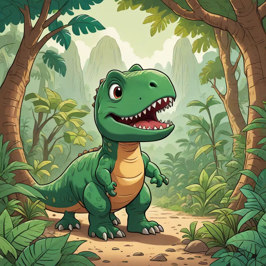 a cartoon dinosaur in the jungle with a big smile on his face and mouth, standing in the middle of a path, a storybook illustration, Adam Rex, lyco art, rossdraws global illumination