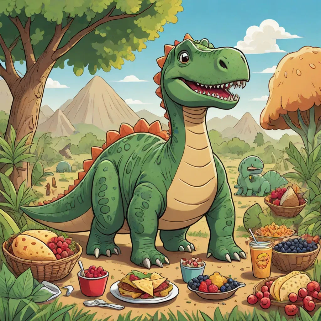 a dinosaur eating a meal in the forest with a mountain background and trees in the background, with a plate of fruit and a bowl of berries, a storybook illustration, Adam Rex, lyco art, high detail illustration