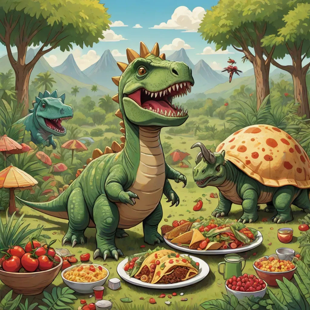 a dinosaur eating a meal with a tortoise and other food items in the background, and a tortoise and other food items in the foreground, a storybook illustration, Adam Rex, sots art, official art