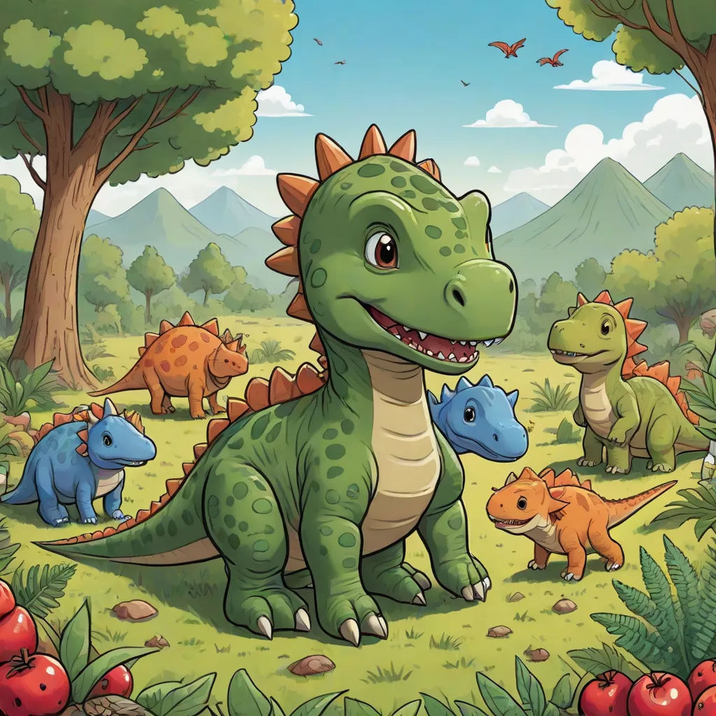 a group of dinosaurs in a field with trees and bushes in the background, with a mountain in the background, a storybook illustration, Adam Rex, lyco art, official art