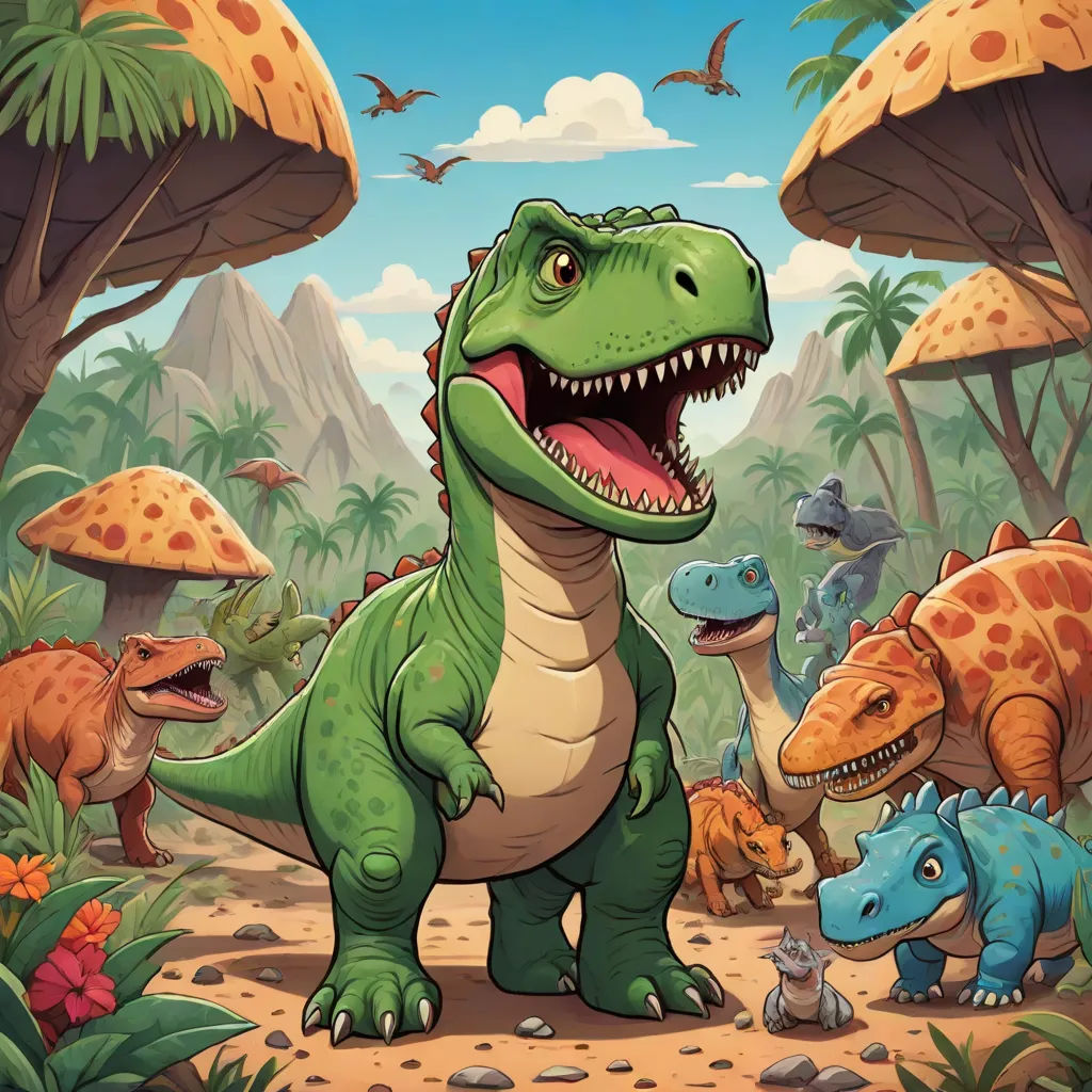 a group of dinosaurs in a jungle with mushrooms and trees in the background illustration by alex macieli, concept art, Adam Rex, altermodern, rossdraws global illumination