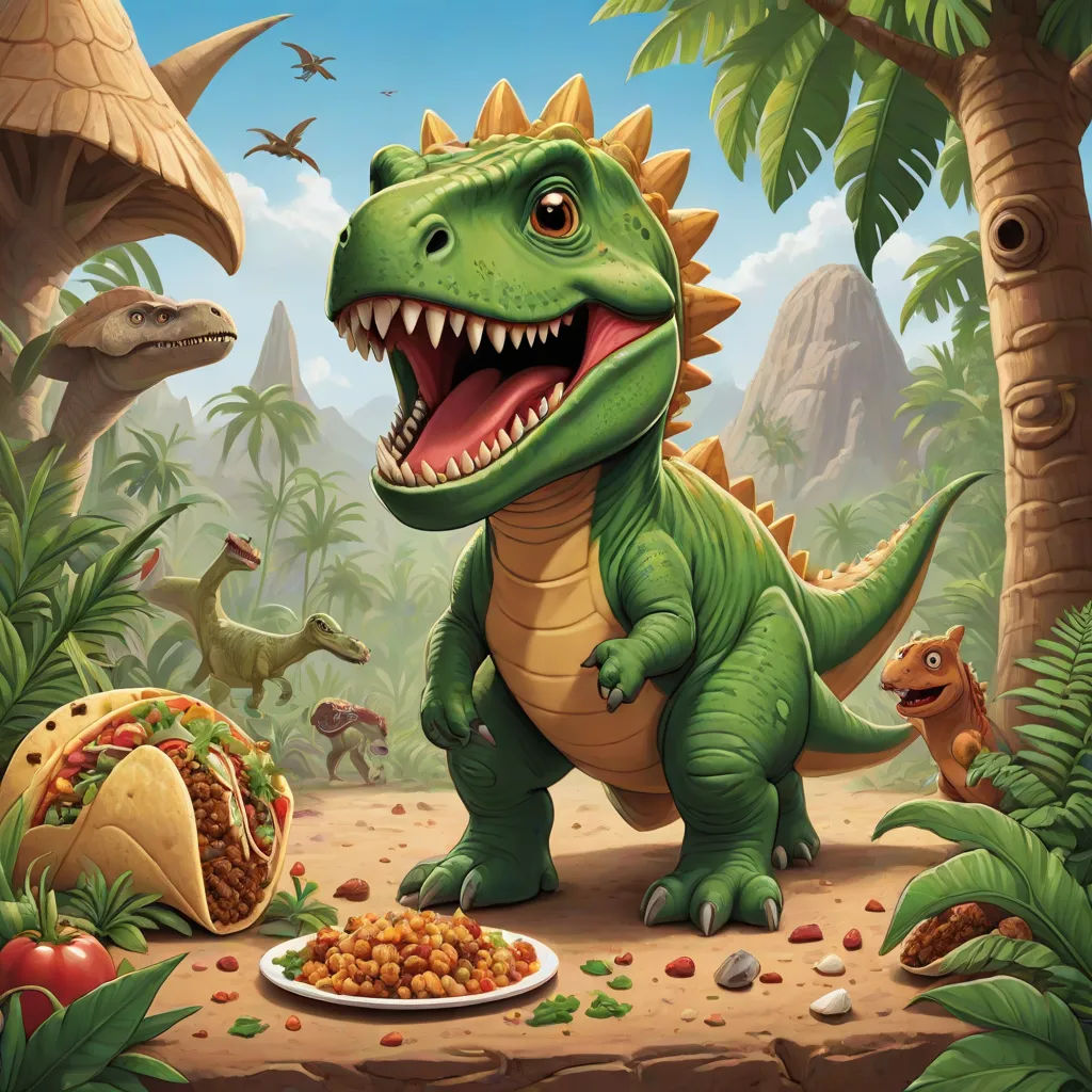 a dinosaur eating a burrito in a jungle with other dinosaurs and other food items around it, including a tortilla, concept art, Adam Rex, altermodern, official art