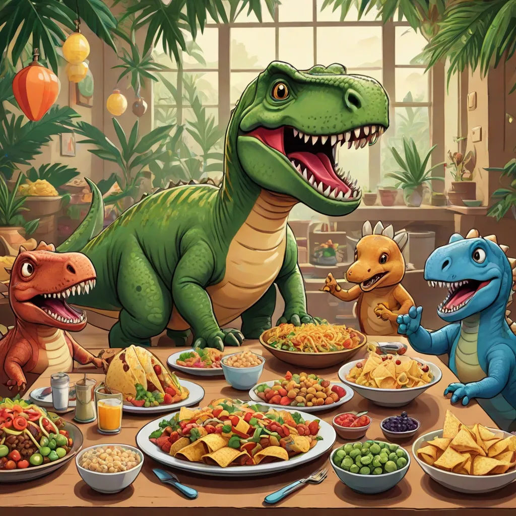 a dinosaur eating a meal with other dinosaurs around it and a table full of food and drinks on it, a storybook illustration, Adam Rex, sots art, official art