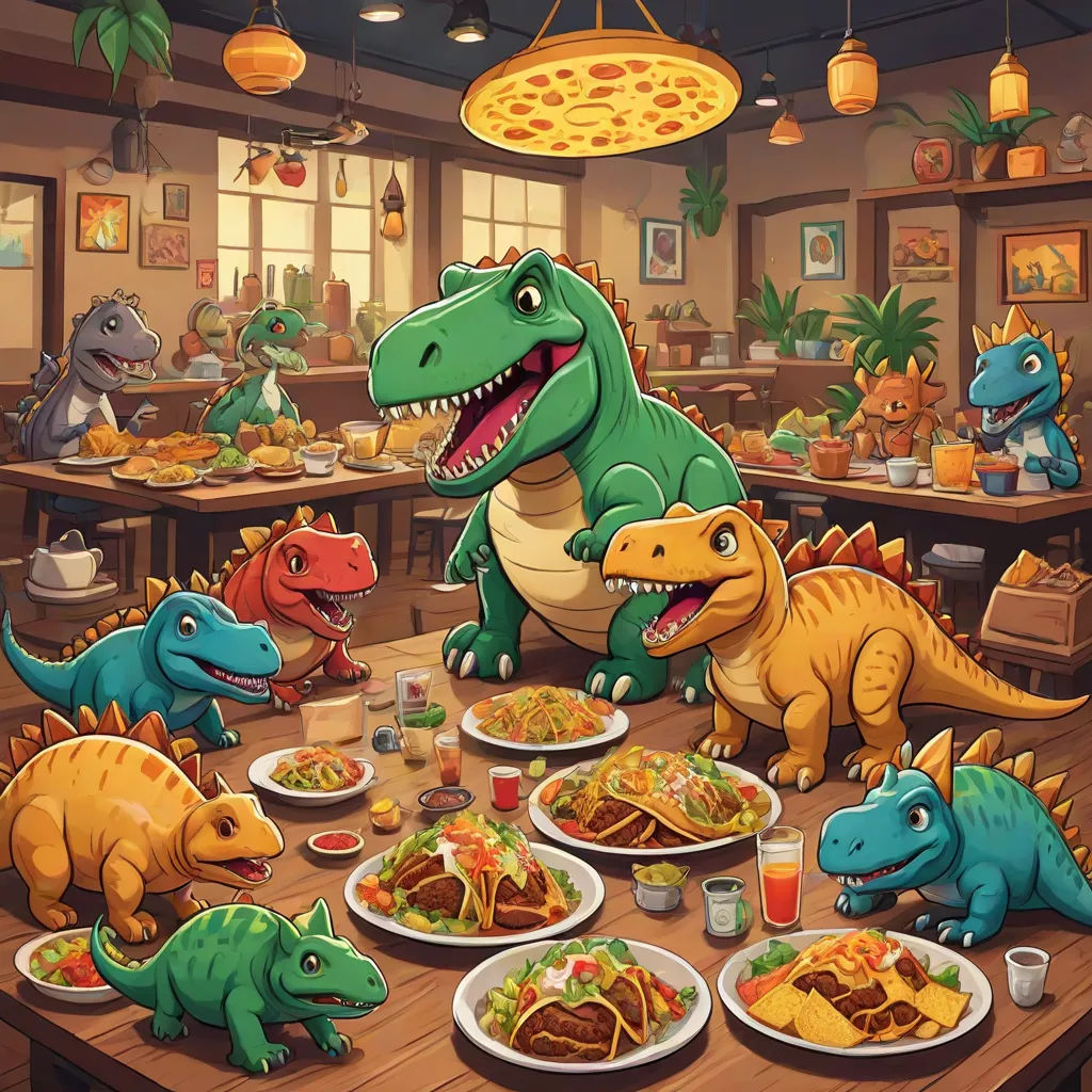 a cartoon dinosaur eating at a restaurant with other dinosaurs around it and a pizza on the table with other dinosaurs, concept art, Adam Rex, sots art, official art