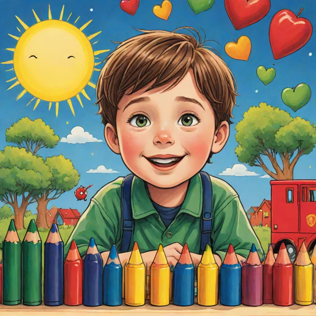 a boy is smiling behind a row of crayons with a truck in the background and hearts above him, naive art, a storybook illustration, Aaron Jasinski, book cover