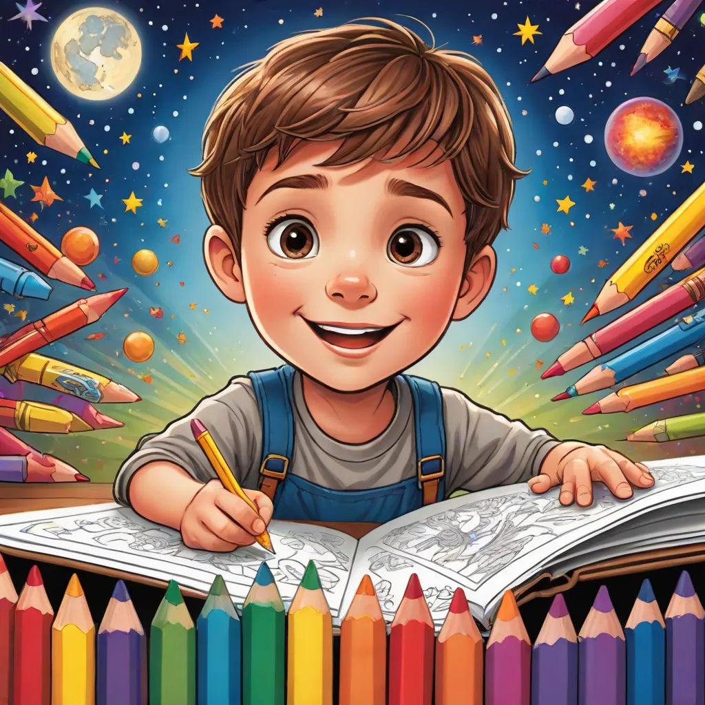 a boy is writing in a book with crayons around him and a lot of stars and planets, space art, a storybook illustration, Diego Gisbert Llorens, rossdraws global illumination