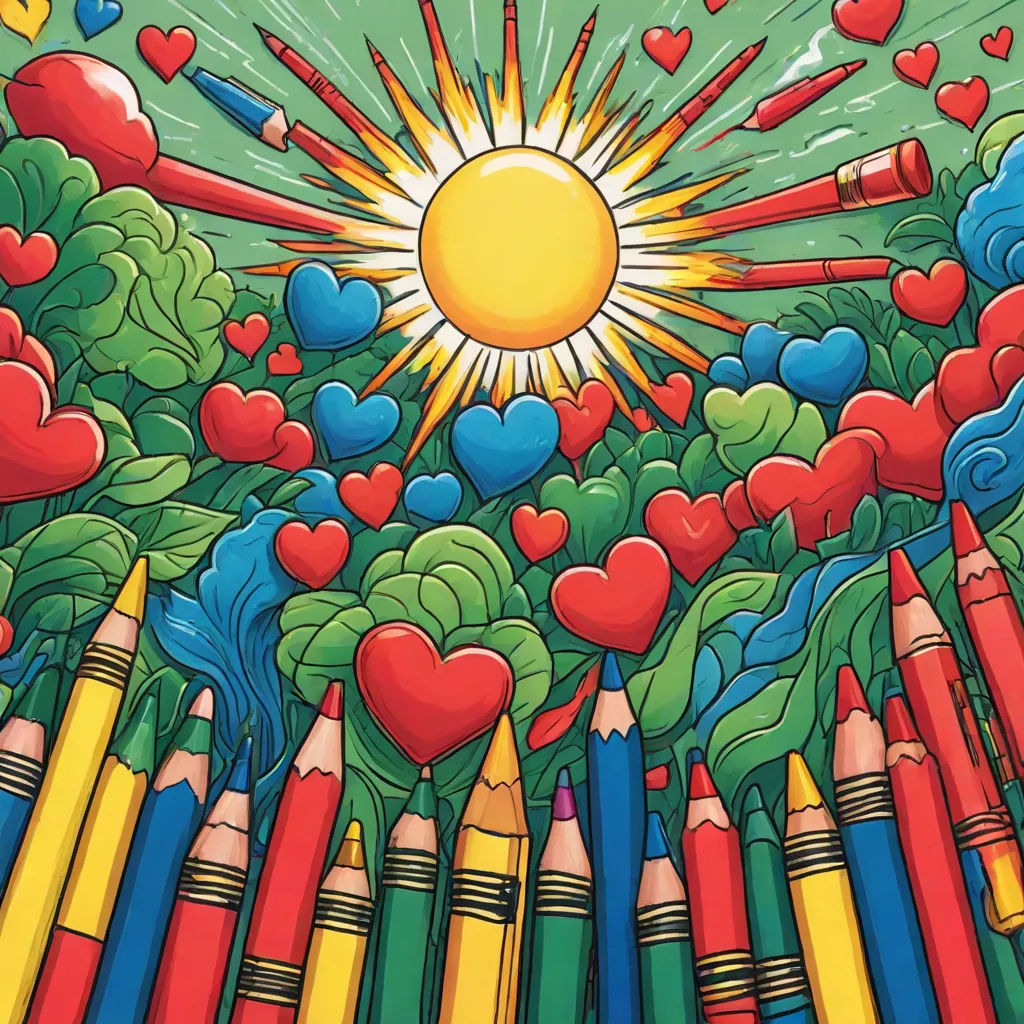 a painting of a sun surrounded by pencils and hearts and trees with a green background and a sun, naive art, a child's drawing, Chris LaBrooy, josan gonzales and dan mumford
