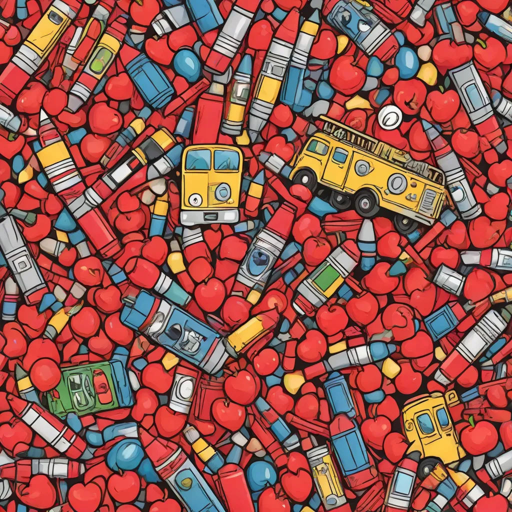 a painting of a school bus surrounded by hearts and crayons on a red background with a yellow bus, naive art, a detailed drawing, Chris LaBrooy, highly detailed digital art