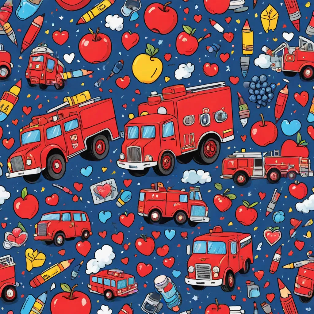 a blue background with red fire trucks and hearts and apples on it and a blue sky with clouds and stars, maximalism, a storybook illustration, Chris LaBrooy, highly detailed digital art