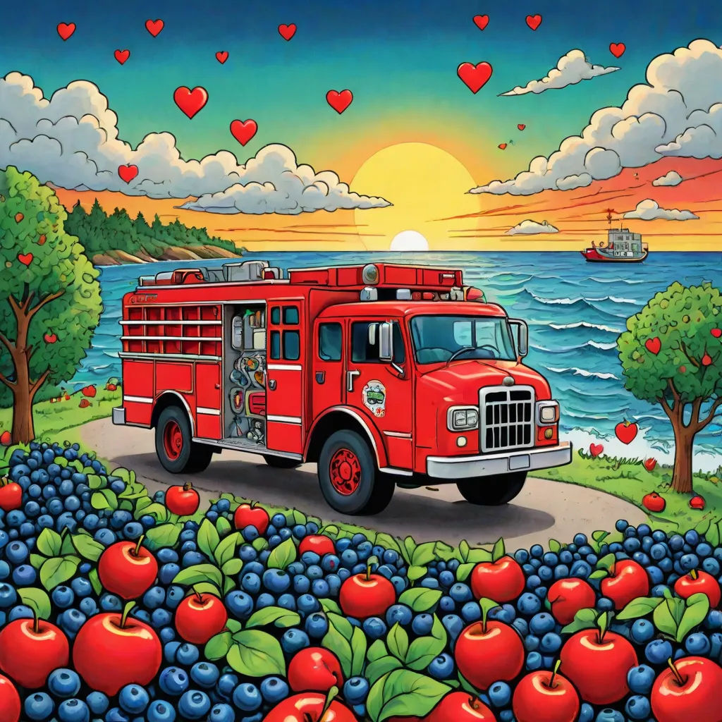 a painting of a fire truck parked on a road near a lake with apples and blueberries in the foreground, folk art, a pop art painting, Chris LaBrooy, public works mural