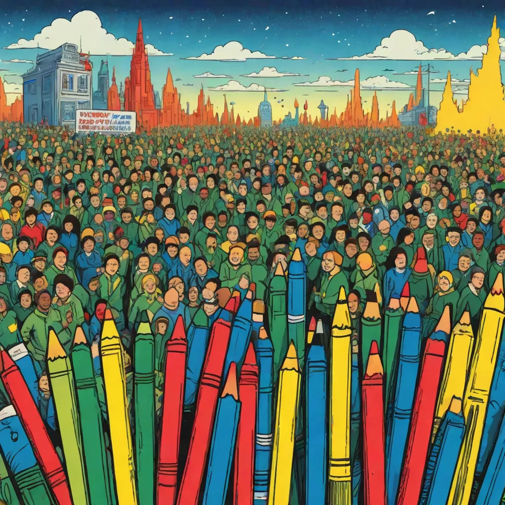a painting of a crowd of people with colorful crayons in front of them and a building in the background, naive art, a pop art painting, Art Spiegelman, detailed illustration