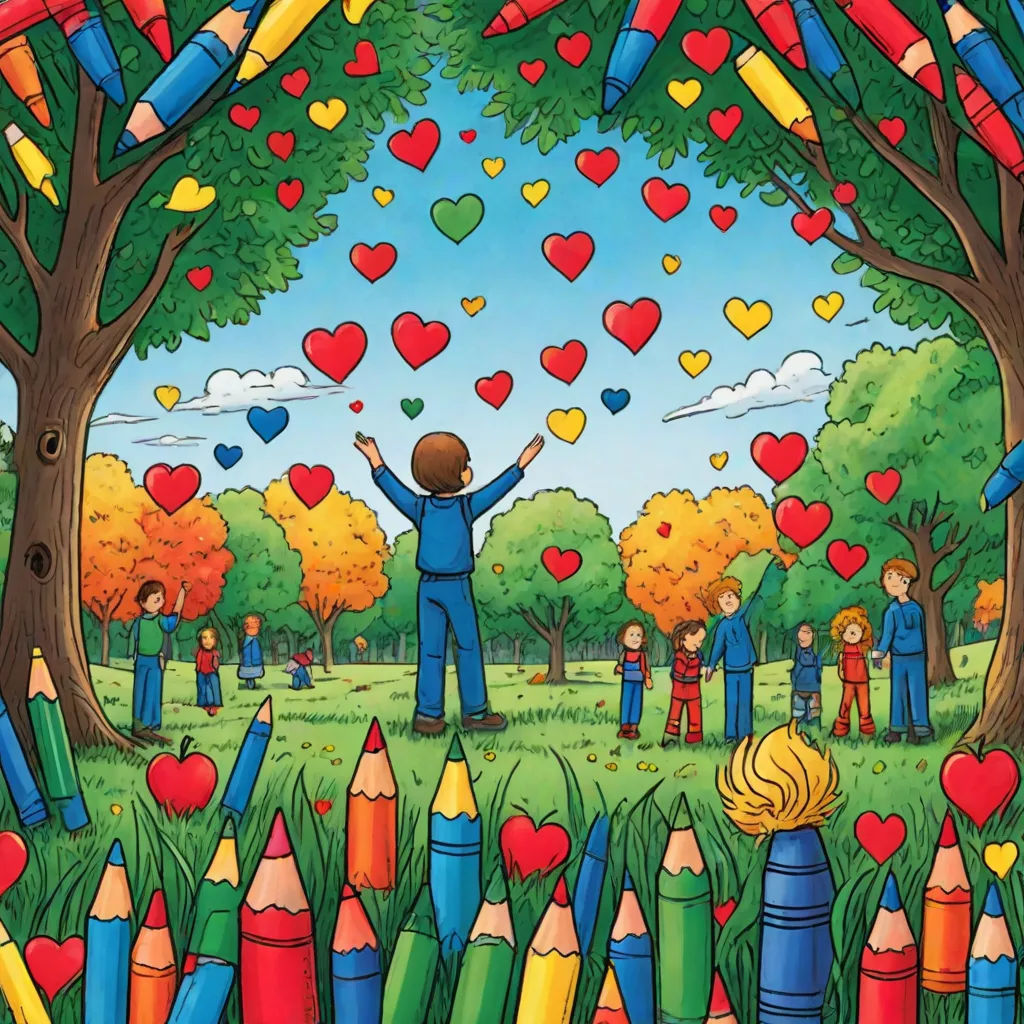 a painting of a boy surrounded by crayons and hearts in a park with trees and a boy holding a kite, naive art, a storybook illustration, Art Spiegelman, detailed illustration