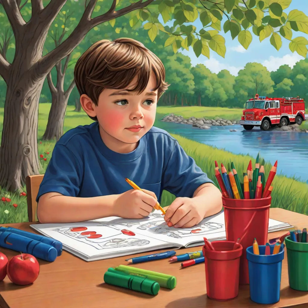 a boy is sitting at a table with a book and pencils and a red truck is in the background, american scene painting, a storybook illustration, Bob Byerley, storybook illustration