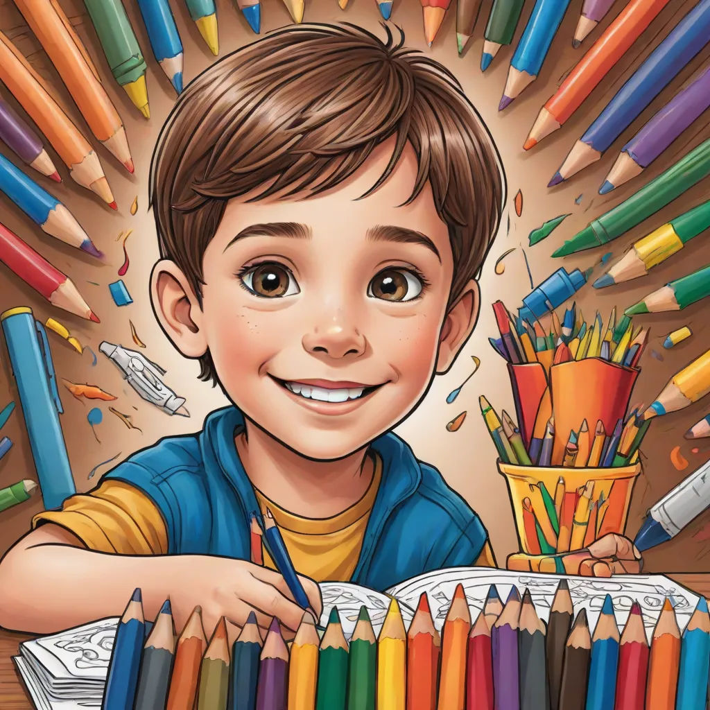 a boy is smiling and holding a pencils and a cup of colored pencils in front of him, photorealism, an ultrafine detailed painting, artist, highly detailed digital art