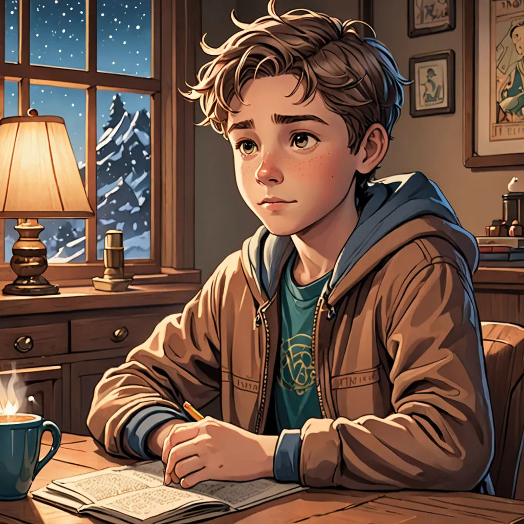 a boy sitting at a table writing on a notebook in front of a window with a cup of coffee, sots art, a storybook illustration, Aaron Jasinski, kinkade