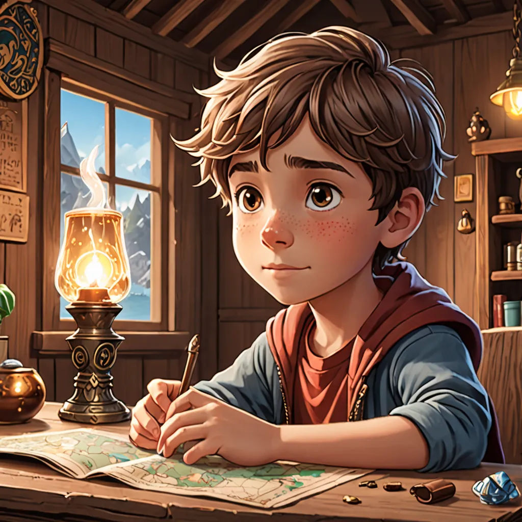 a boy sitting at a table with a book and a lamp in front of him and a book on the table, fantasy art, a storybook illustration, Diego Gisbert Llorens, rossdraws global illumination
