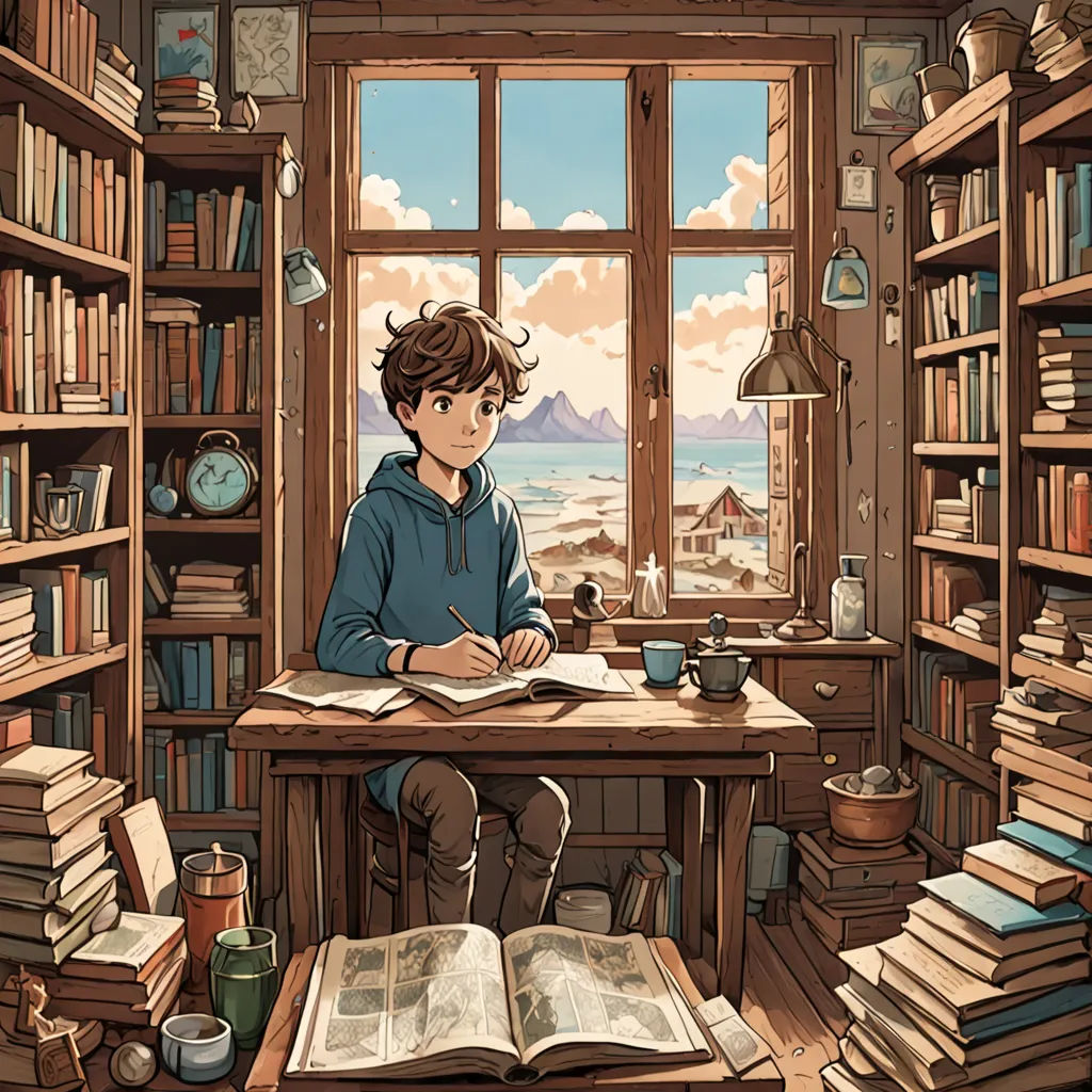 a boy sitting at a desk in a library with a book open and a cup of coffee in front of him, fantasy art, a storybook illustration, Diego Gisbert Llorens, rossdraws global illumination