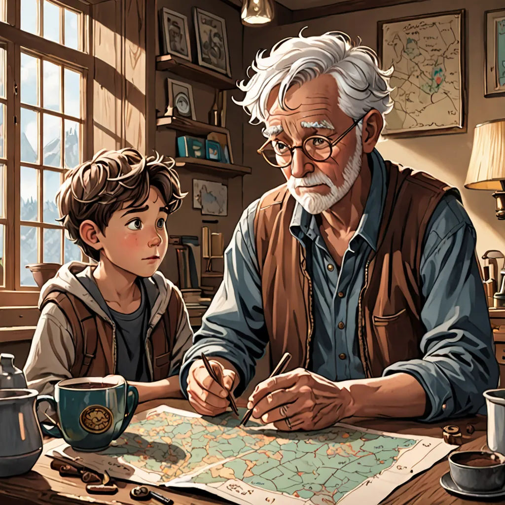 a man and a boy are sitting at a table looking at a map and a cup of coffee in front of them, serial art, a storybook illustration, Cliff Childs, storybook illustration