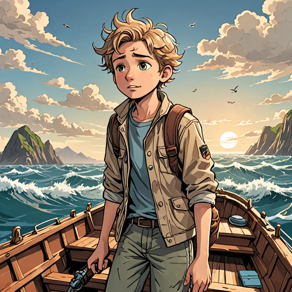 a boy standing on a boat in the ocean with a backpack on his back and a bird flying over him, fantasy art, a comic book panel, Cliff Childs, comic cover art