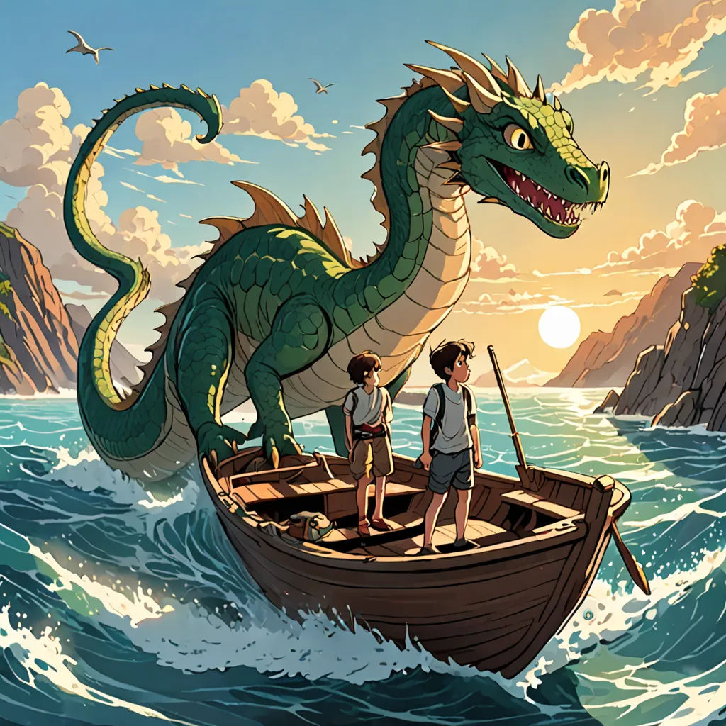 a boy and a boy in a boat with a dragon on it, in the water, with a bird flying above, fantasy art, a storybook illustration, Diego Gisbert Llorens, storybook illustration