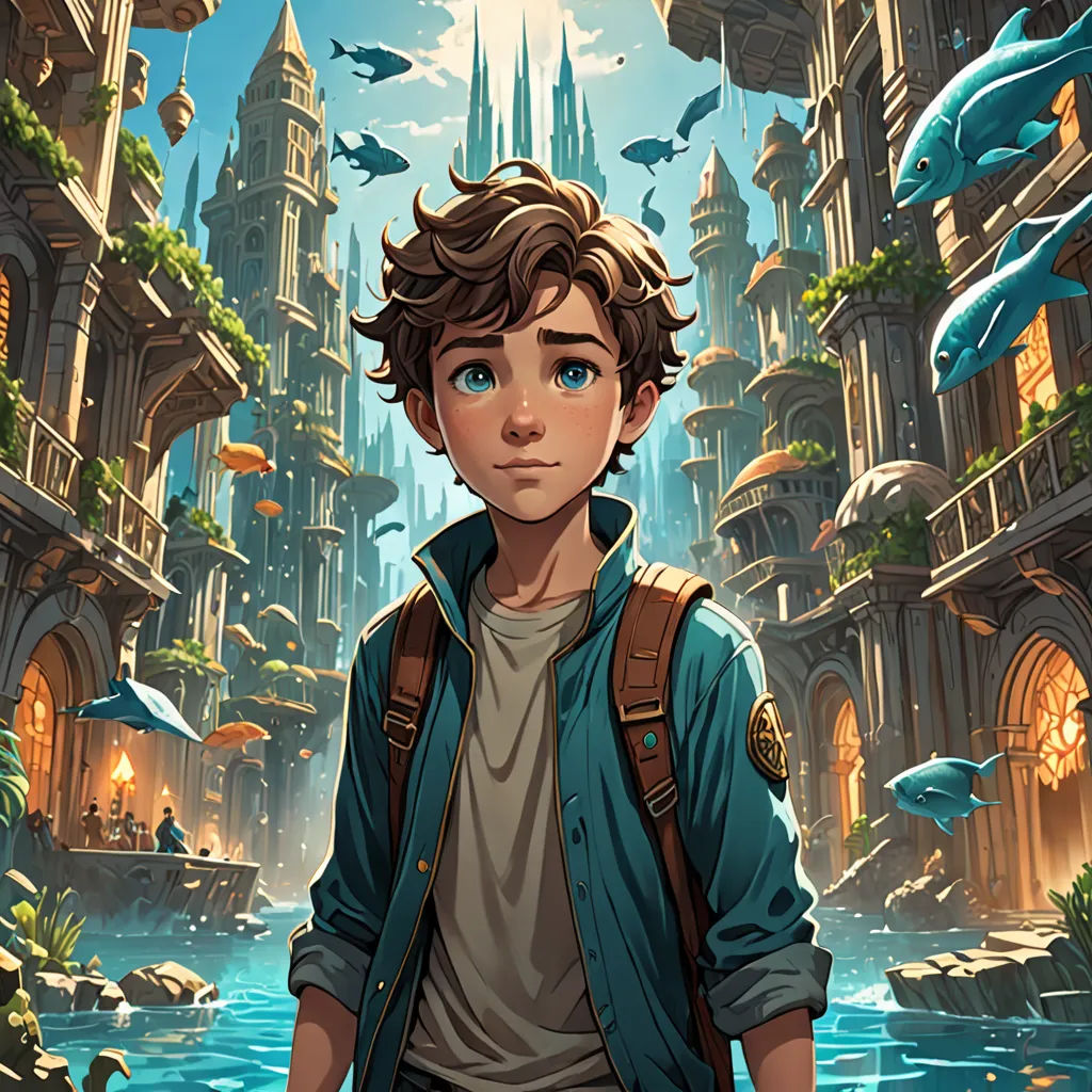 a boy standing in front of a fantasy city with a dolphin swimming in the water and a dolphin swimming in the water, fantasy art, a character portrait, Cedric Seaut (Keos Masons), rossdraws global illumination