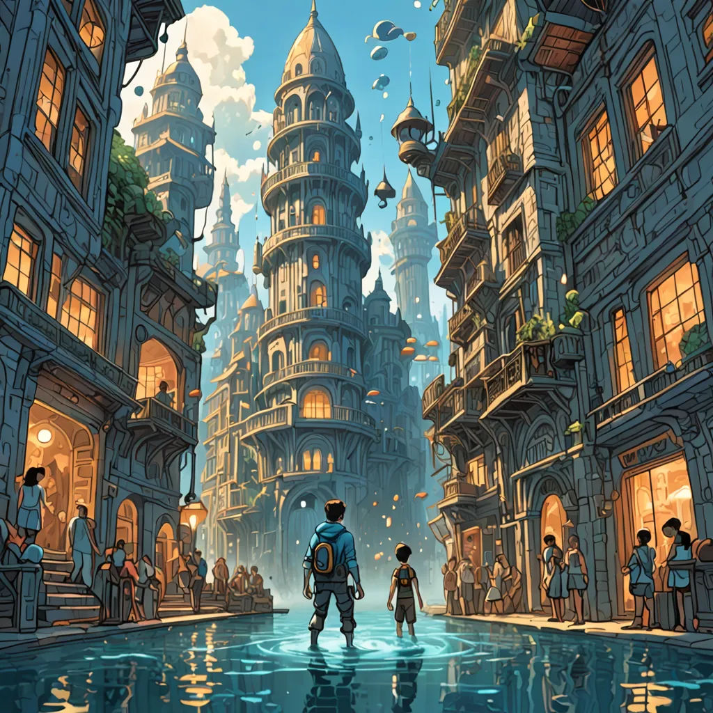 a man and a child are walking through a city with tall buildings and a fountain in the middle of the street, fantasy art, a storybook illustration, Chris LaBrooy, rossdraws global illumination