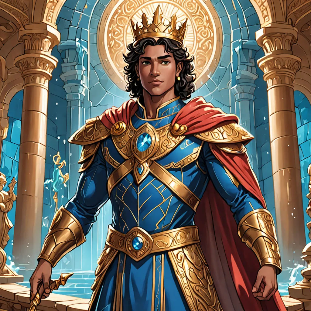 a man in a blue and gold outfit standing in front of a fountain with a sword in his hand, fantasy art, a character portrait, Eddie Mendoza, official art