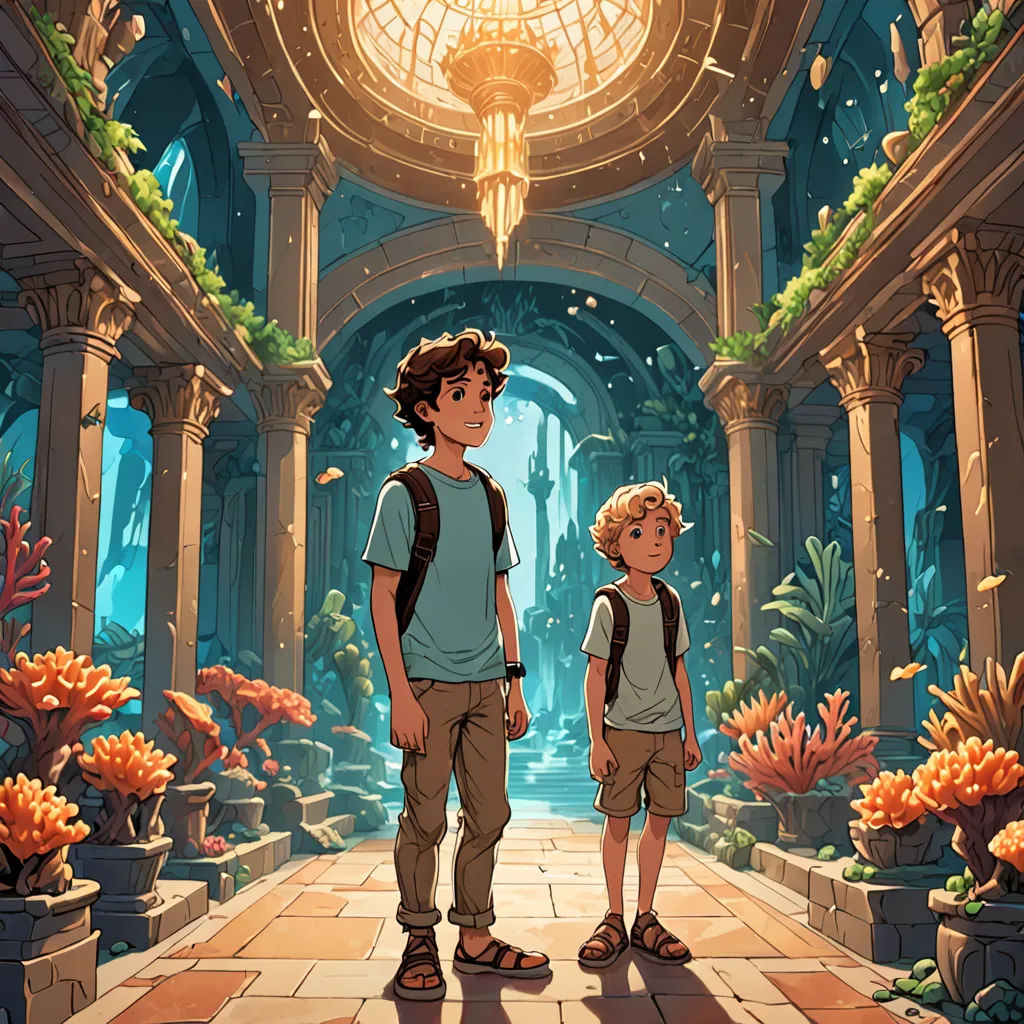 a boy and a boy standing in a hallway with plants and a light fixture above them and a fish tank, fantasy art, a storybook illustration, Diego Gisbert Llorens, rossdraws global illumination