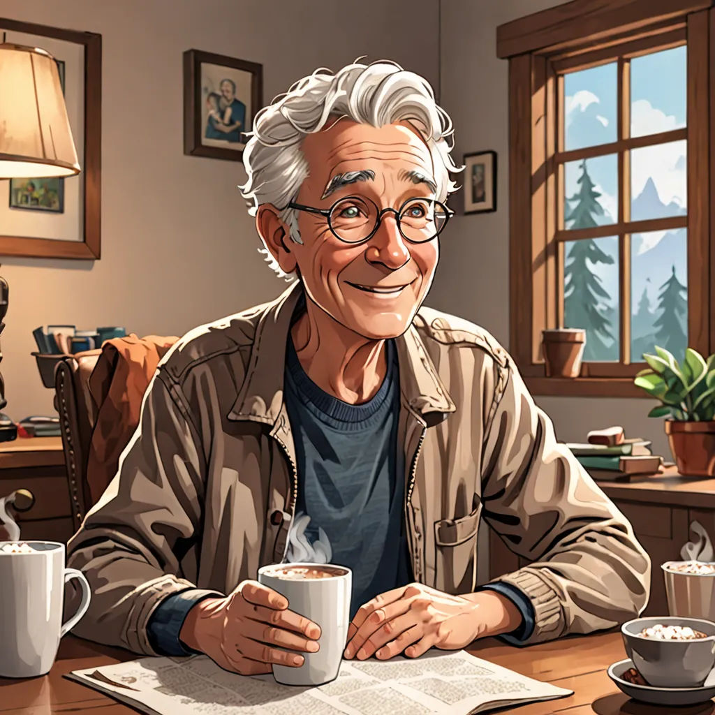 a man sitting at a table with a cup of coffee and a book in front of him, with a book open to the side of him, american scene painting, a character portrait, David Brewster, promotional image