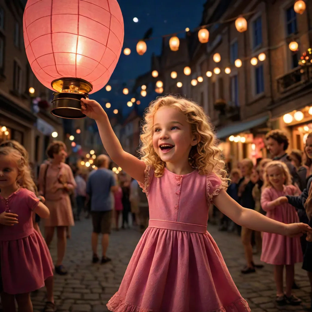 a little girl holding a lit up lantern in the air with other children around her and a crowd of people in the background, art photography, a stock photo, Daniel Lieske, cinematic photography