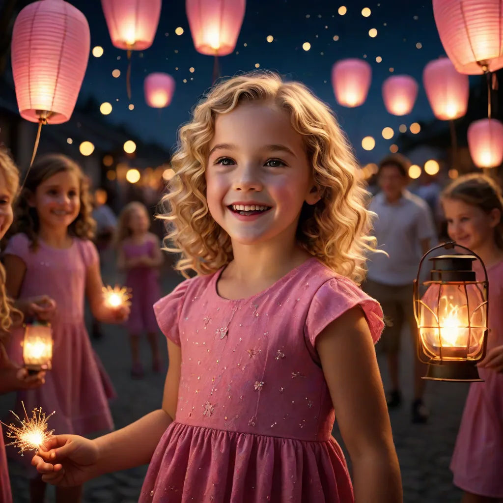 a little girl holding a sparkler in her hand and smiling at the camera with other children in the background, art photography, a stock photo, Daniel Lieske, cinematic photography