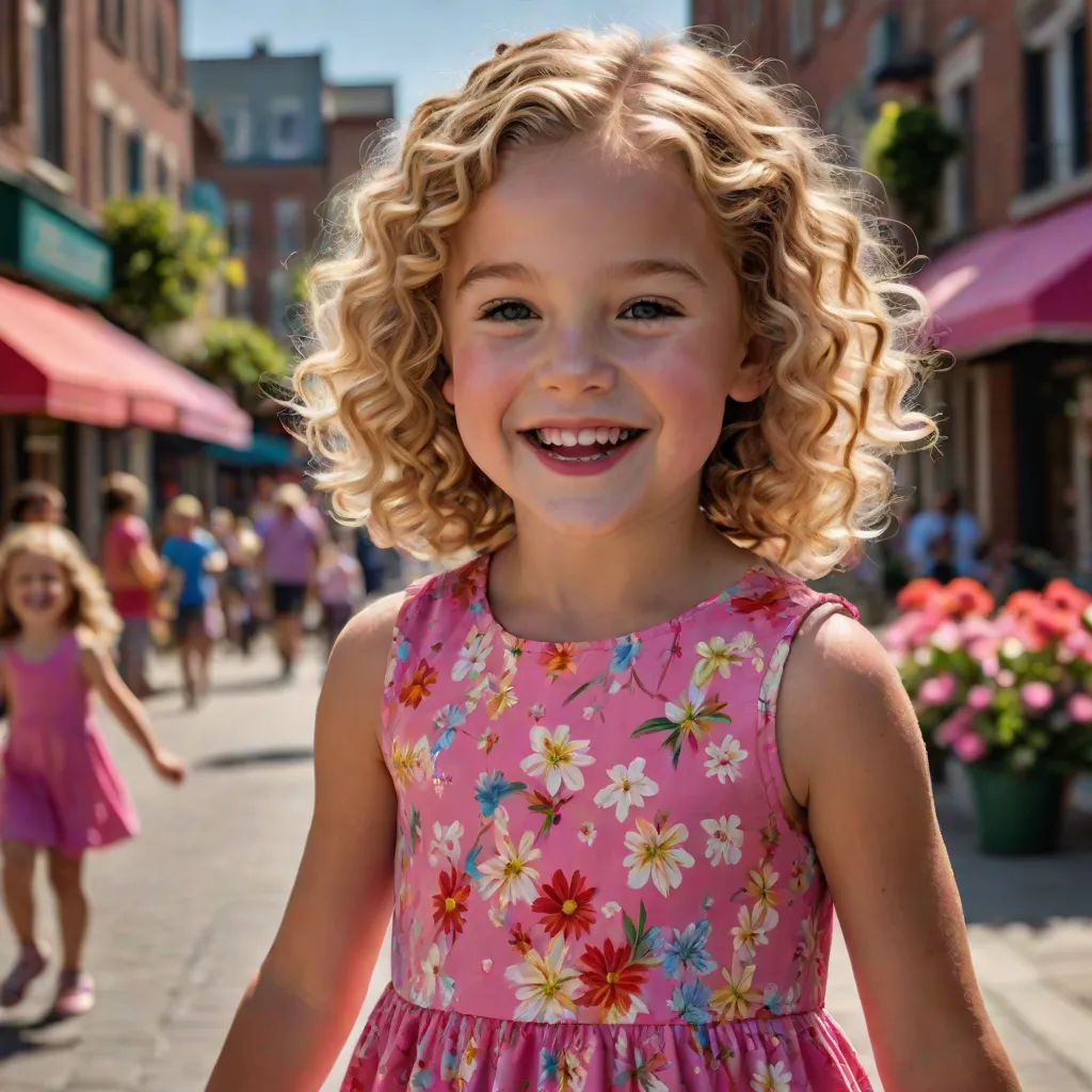a little girl with blonde hair and a pink dress smiles at the camera while walking down a street with people, photorealism, a photorealistic painting, Caroline Lucy Scott, promotional image