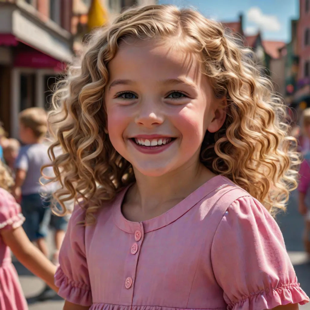 a little girl with curly hair smiling at the camera with a group of people in the background behind her, rococo, a photorealistic painting, Christian Hilfgott Brand, uhd 8 k