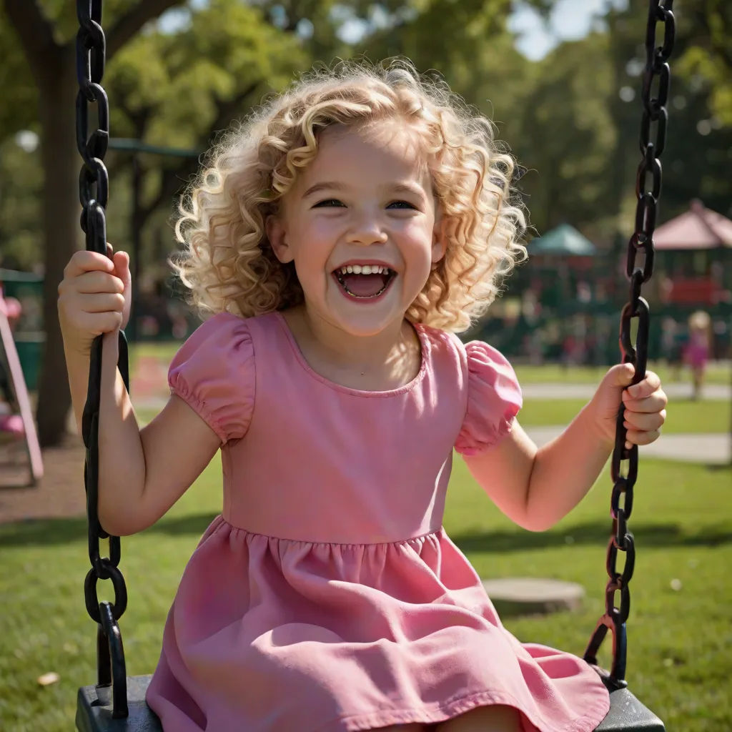 a little girl sitting on a swing in a park smiling at the camera and laughing at the camera,, american barbizon school, a stock photo, Caroline Lucy Scott, portrait photography